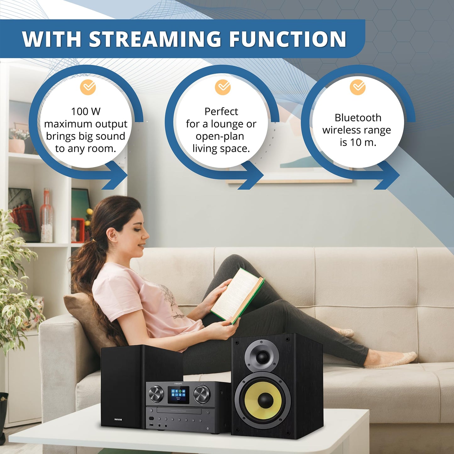 Philips Bluetooth & WiFi Stereo System for Home with CD Player, Spotify, Internet Radio, FM Radio, MP3 Playback, Crisp Highs and Rich Bass 100W, Remove Control Included