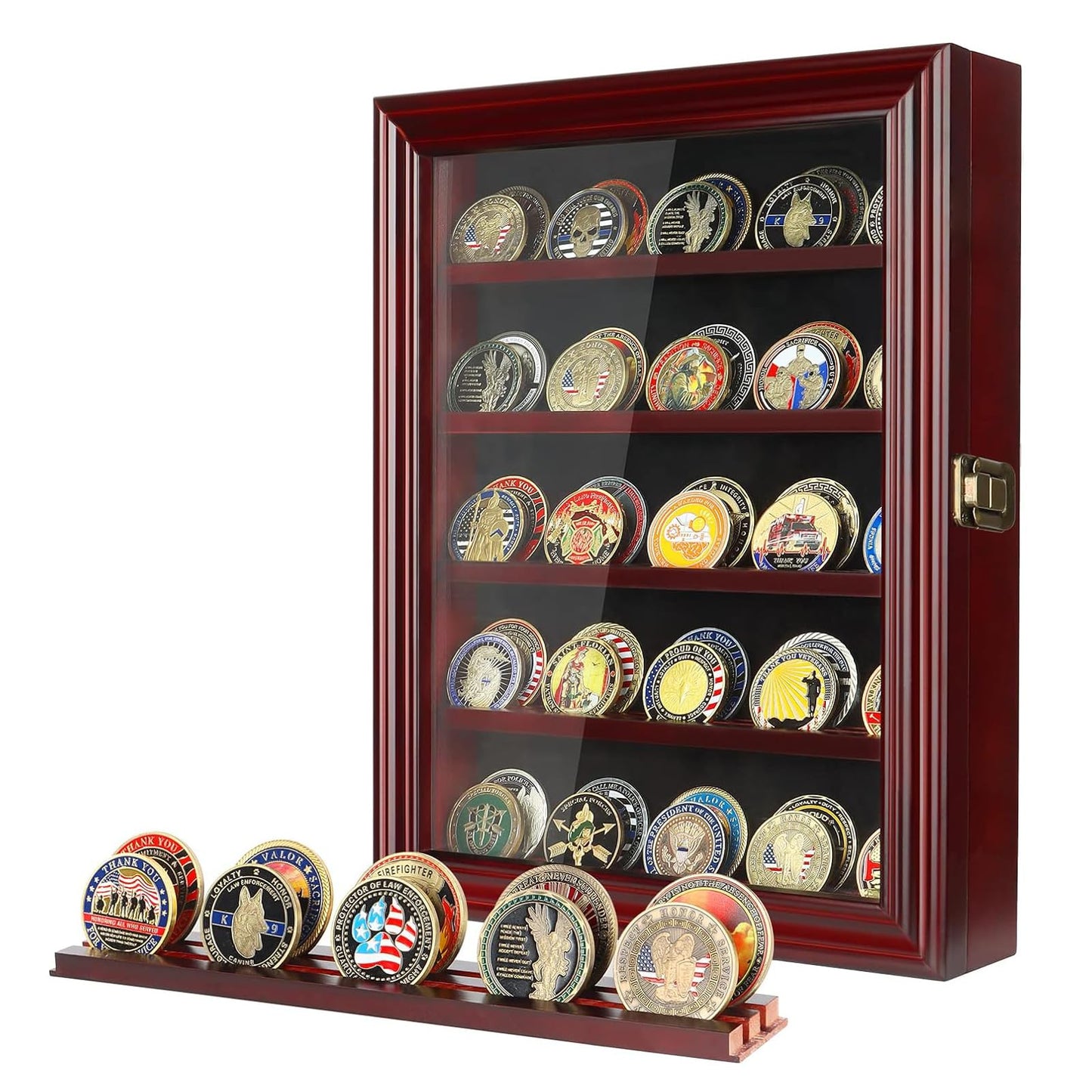 ASmileIndeep Military Challenge Coin Display Case Holder with HD Toughened Glass and Wall Mount, Wooden Coin Stand Rack with Removable 2 Grooves Shelves, Mahogany Finish…