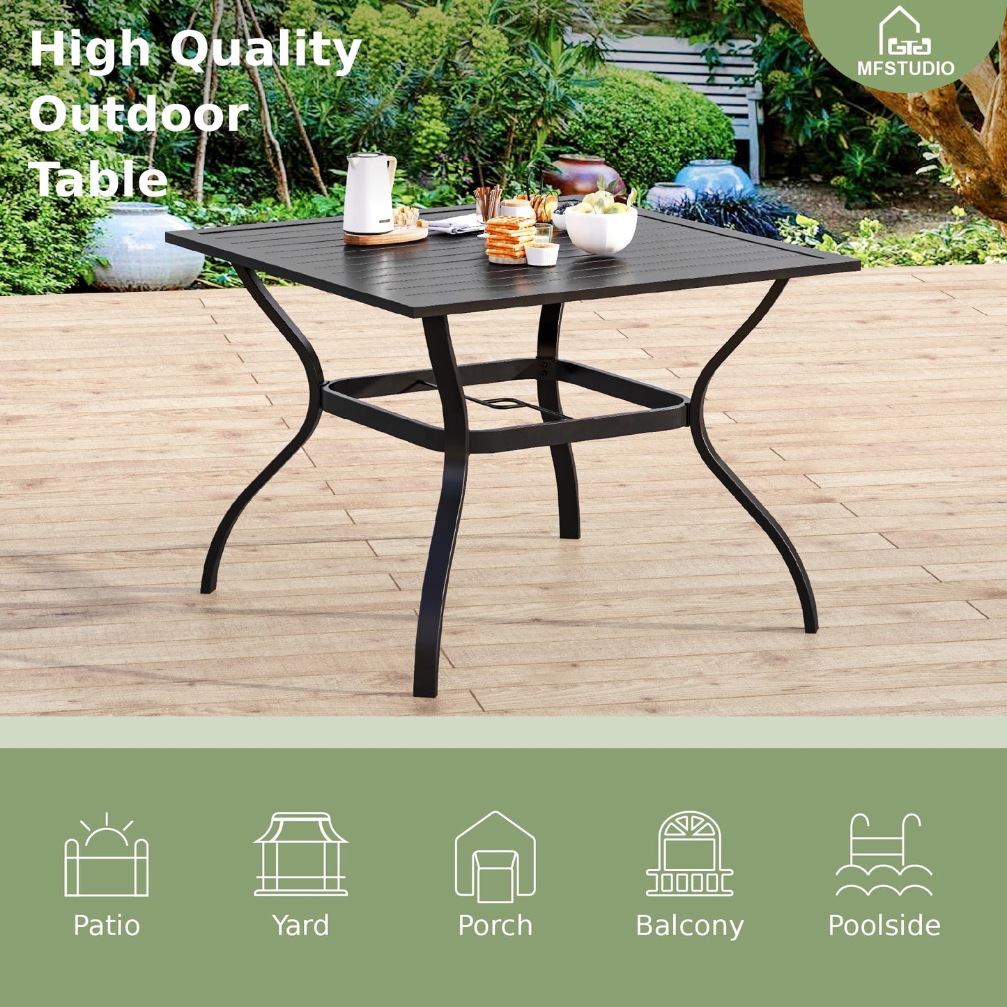 PHI VILLA 37" Metal Steel Slat Patio Dining Table Square Backyard Bistro Table Outdoor Furniture Garden Table, 1.57” Umbrella Hole, Black