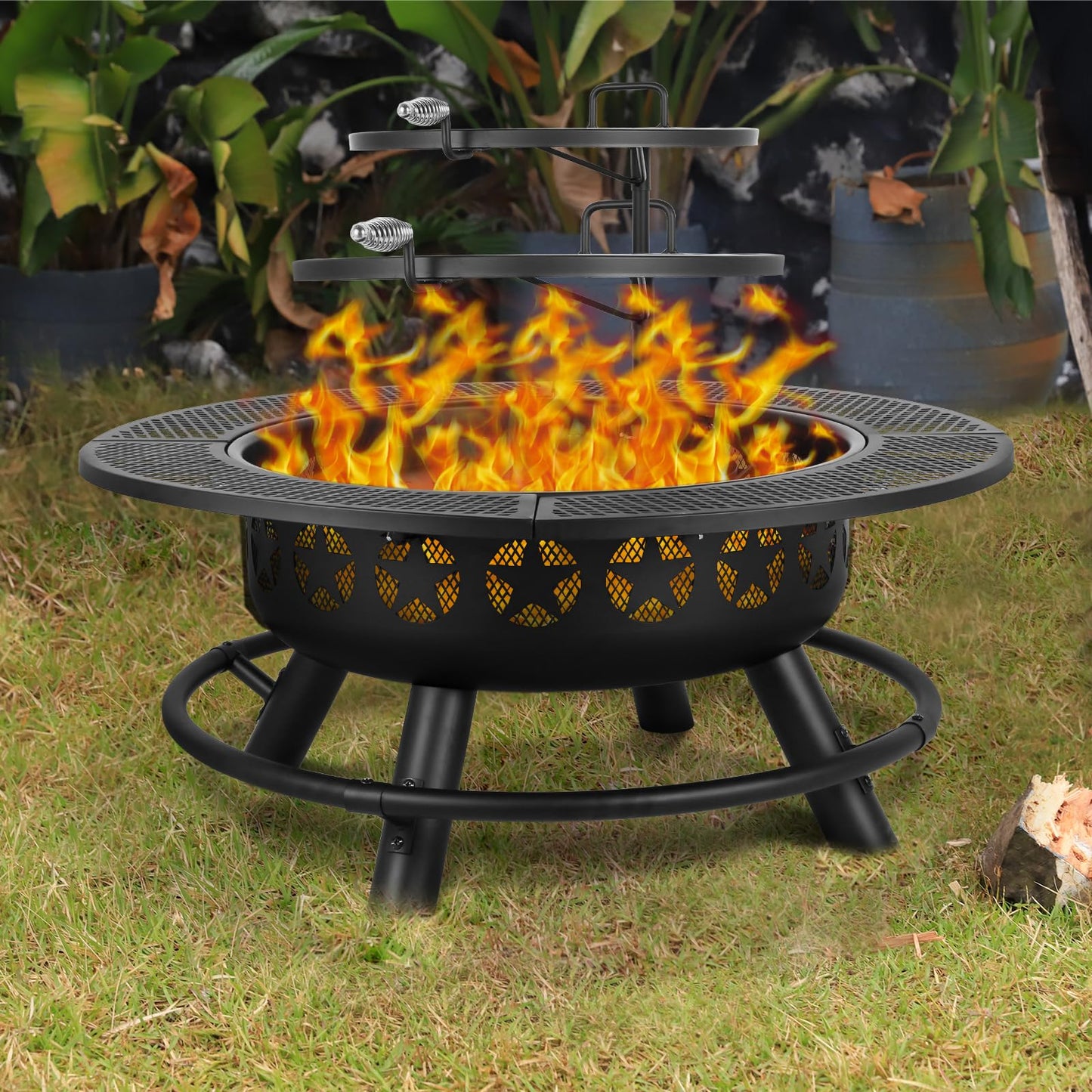 Hykolity 35 Inch Fire Pit with Cooking Grate & Charcoal Pan, Outdoor Wood Burning BBQ Grill Firepit Bowl with Cover Lid, Steel Round Table for Backyard Bonfire Patio Picnic