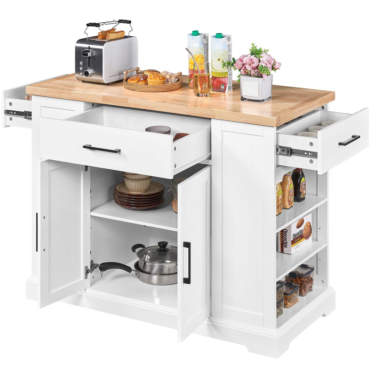 Yaheetech Rolling Kitchen Island Cart with 3 Drawers, Kitchen Storage Cabinet on Wheels with Open Shelves and Inner Adjustable Shelves for Dining Room/Living Room, Thicker Rubberwood Top, White