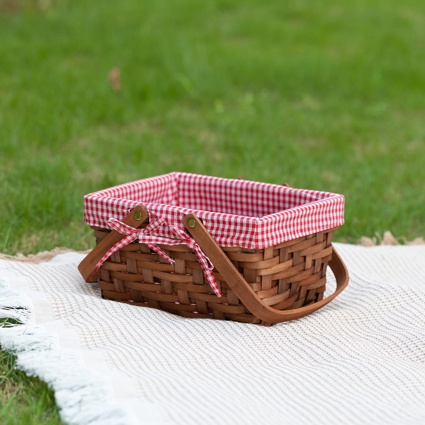 Wickerwise Small Rectangular Woodchip Picnic Baskets with Double Folding Handles, Natural Hand-Woven Basket Lined with Gingham Red and White Lining Great for Gifts