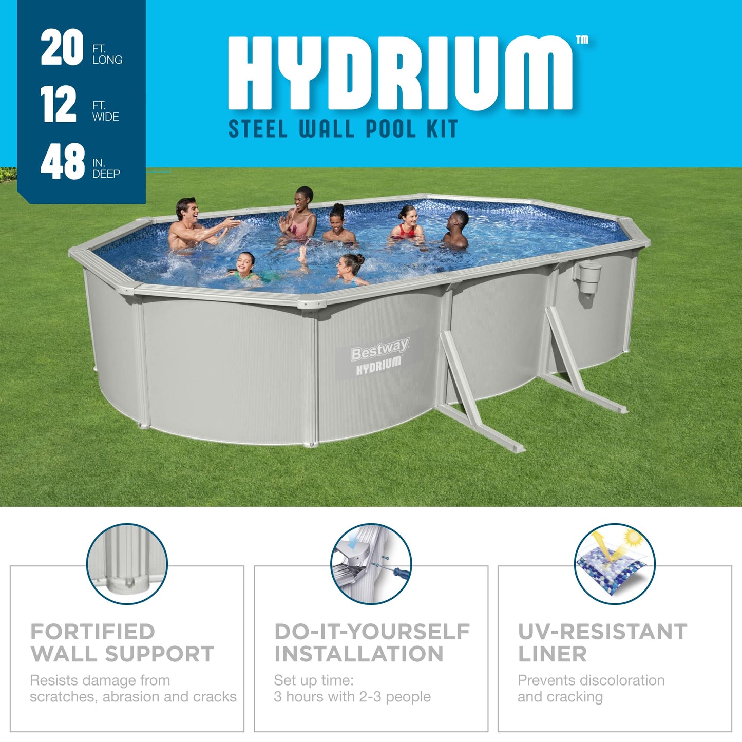 Bestway Hydrium Galvanized Steel Wall Above Ground Pool Set 20' x 12' x 48" | Semi-Permanent, Year-Round Oval Swimming Pool | Includes Sand Filter, Skimmer, Ladder, Ground Cloth, Cover