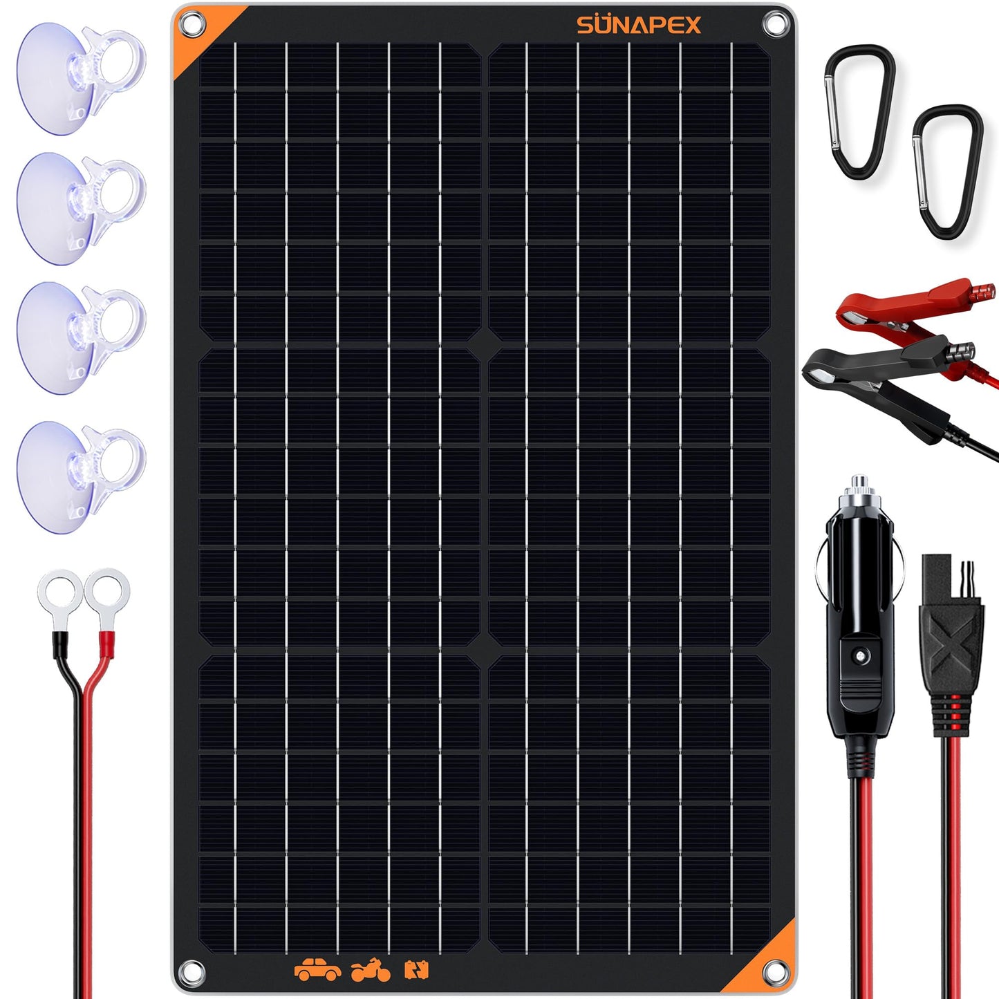 SUNAPEX 30W 12V Solar Panel Battery Charger Maintainer, Portable Waterproof Solar Trickle Charger with Built-in Charge Controller, Cig Plug, Alligator Clips, O-Rings for Car, Truck,Tractor, Boat, etc