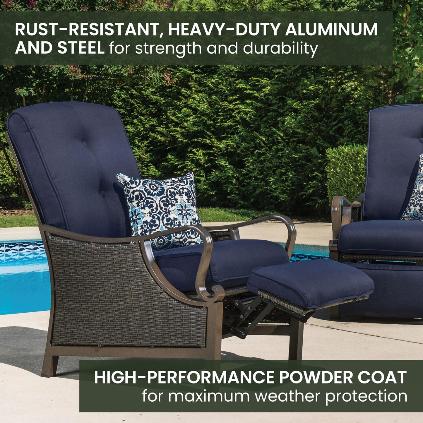 Hanover Ventura Brown Wicker Outdoor Recliner Chair with Cushions and Accent Pillow, Luxury All-Weather Outdoor Patio Recliner Chair with Rust Resistant Steel Frames for Deck, Backyard, Pool Side