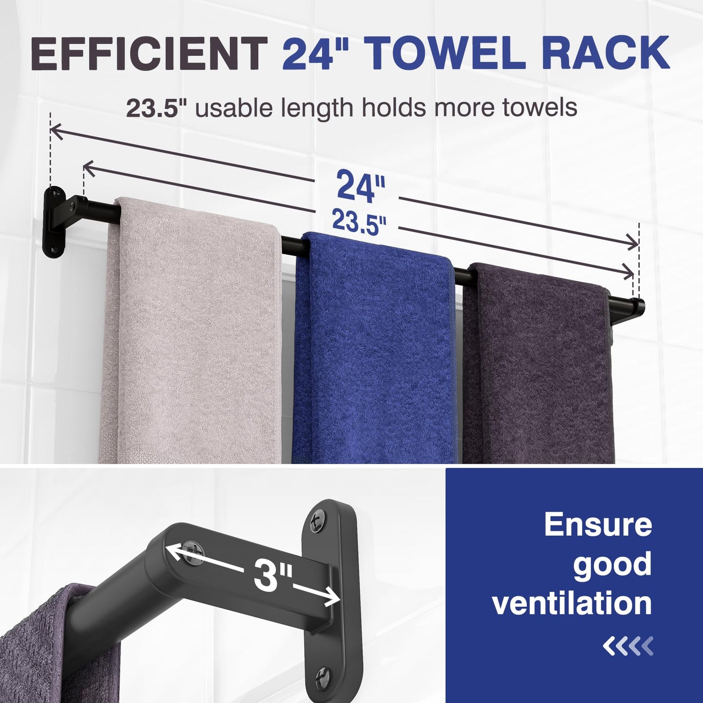 Powools Towel Rack for Bathroom - 24" Rustproof Towel Holder, Sturdy Towel Bar Wall Mounted, Space-Saving Towel Hanger, Bathroom Accessories, Home Decor, Apparment Essentials, Black