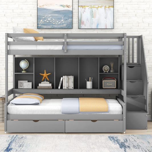 BIADNBZ Twin XL Over Full Bunk Bed with Stairs, Storage Drawers and Built-in Storage Shelves, Wood Stackable BunkBed can be Convertible into LoftBed &A Platform Bedframe, for Kids Teens Adults, Gray