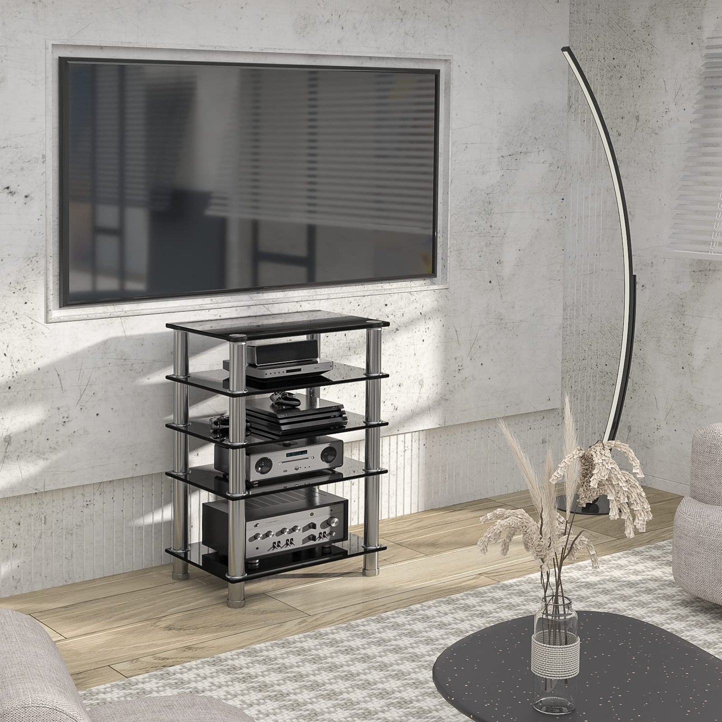Audio-Video Media Stand with 5-Tier Tempered Glass Shelves, Modern AV Cabinet with Ample Storage for Entertainment Stereo Components, Sturdy Audio Rack Stand Tower for Living, Gaming, Recording Room.