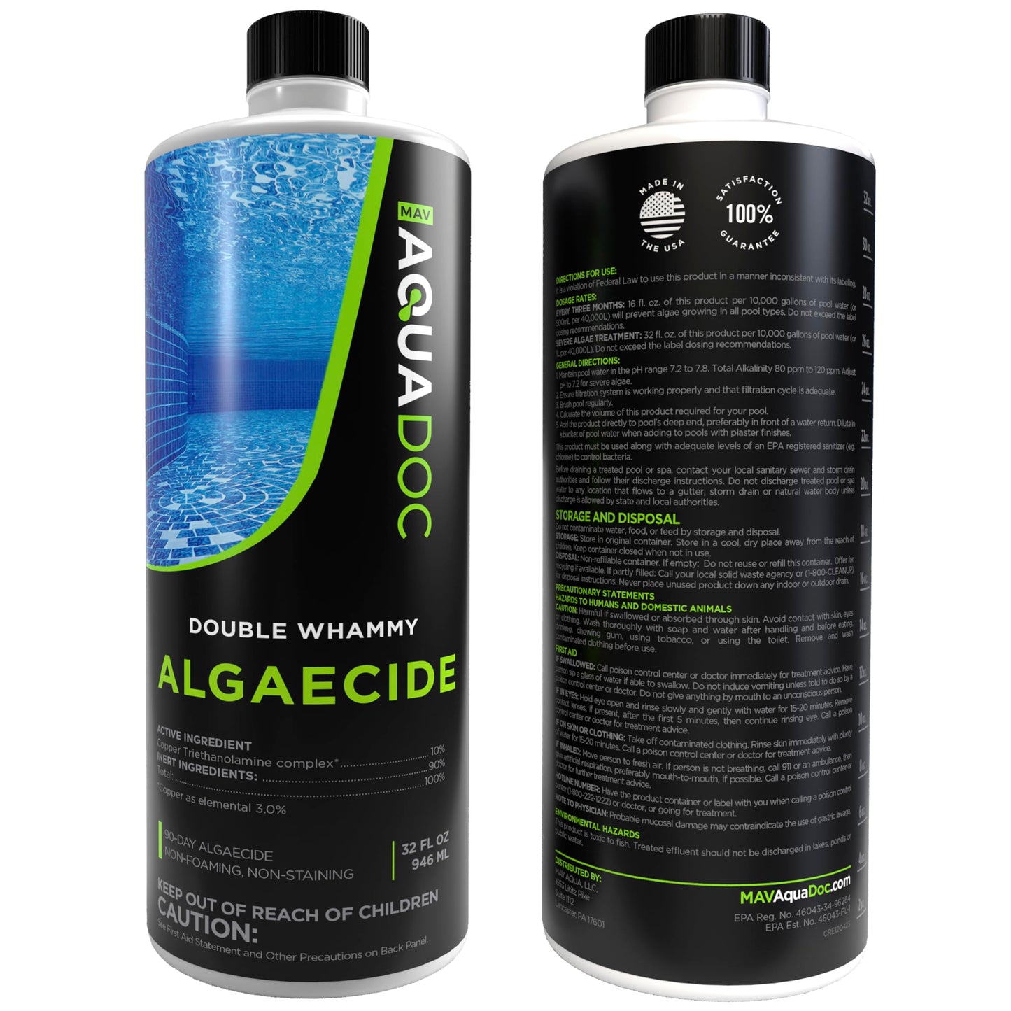 Copper Pool Algaecide for Swimming Pool - 90 Day Algaecide for Inground Pool to Prevent and Remove Pool Algae - Super Algaecide for Pool Opening - AquaDoc 32oz