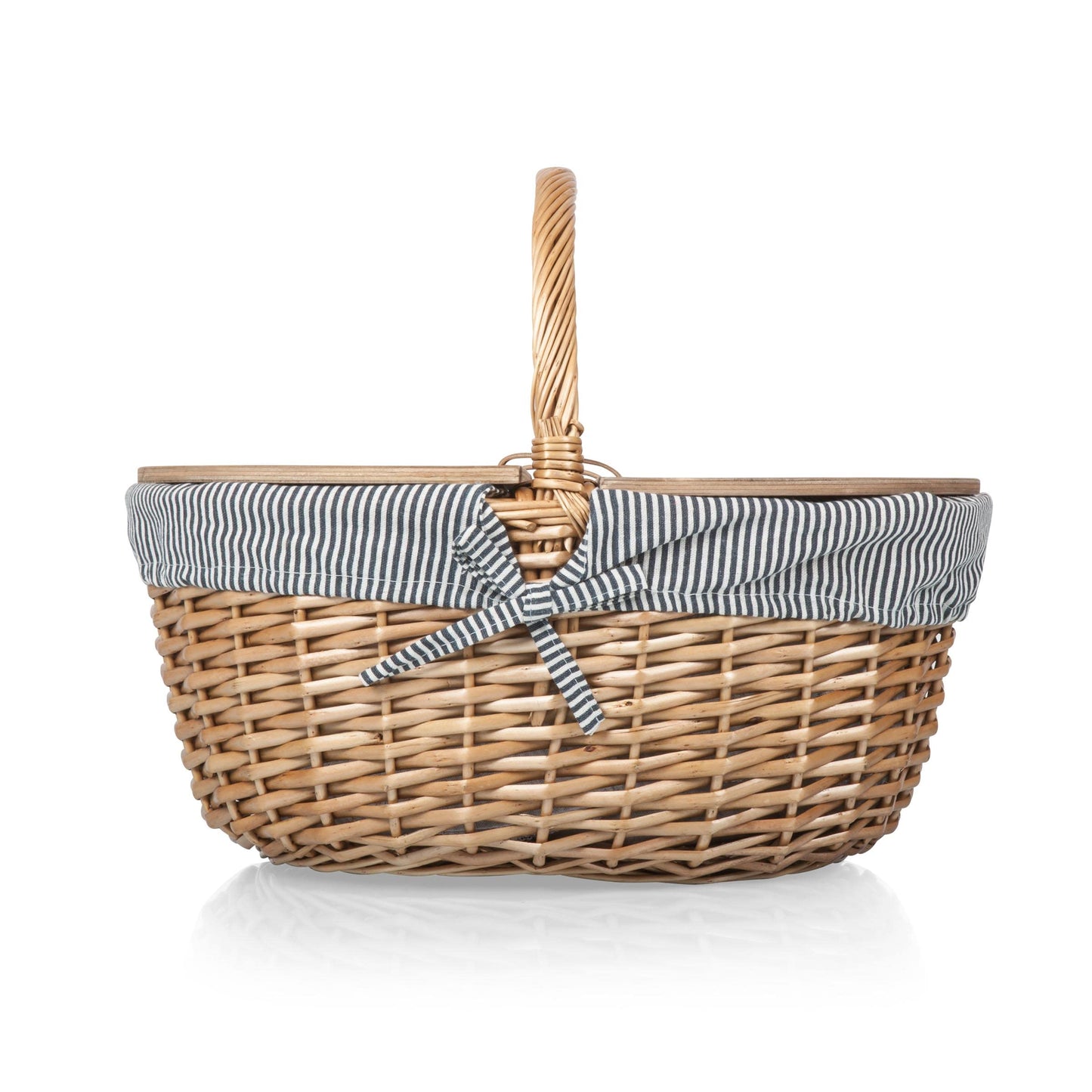 PICNIC TIME - Country Vintage Picnic Basket with Lid - Wicker Picnic Basket for 2, (Navy Blue & White Stripe)