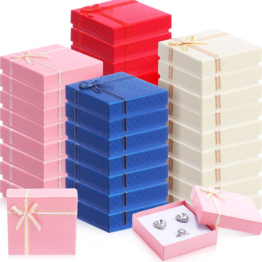 Yeaqee 48 Pcs Cardboard Jewelry Gift Boxes with Lids and Bows Small Gifts Box Set Necklace Box for Rings Bracelets Earrings Valentine's Day Weddings Anniversaries, 4 Colors, 3.5 x 3.5 x 1 Inch