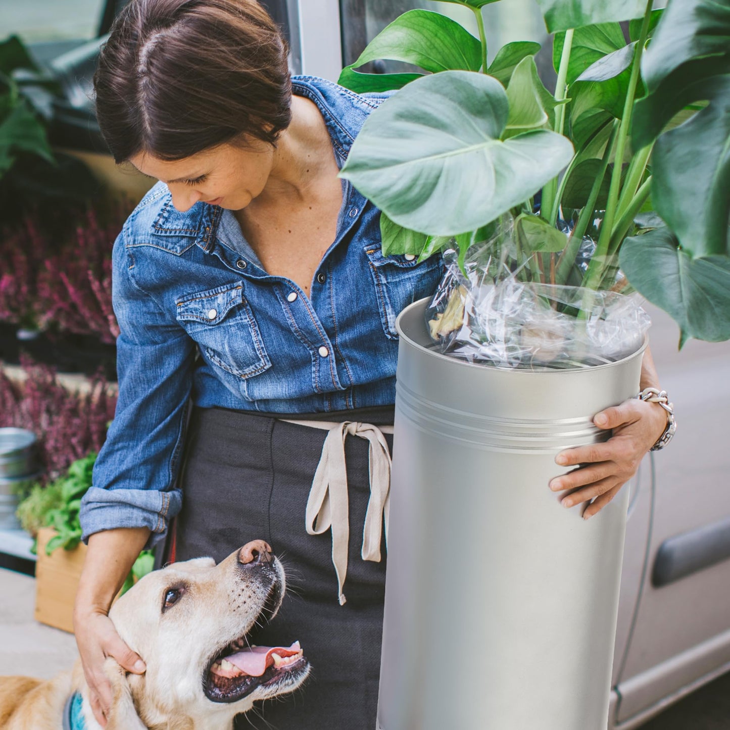 KOL Galvanized Metal Steel Planter - 28'' & 24'' Tall Farmhouse Rustic Bucket Planter Pots - Weather Resistant - Home Room Wedding Decor -Umbrella Storage Pot - Metal Elegant Vase - Set of 2 - Silver