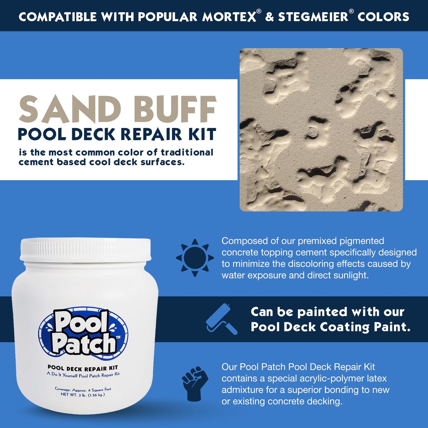 Pool Patch Pool Deck Repair Kit - Sand Buff 3lb Cool Deck Patch DIY Patio Repair