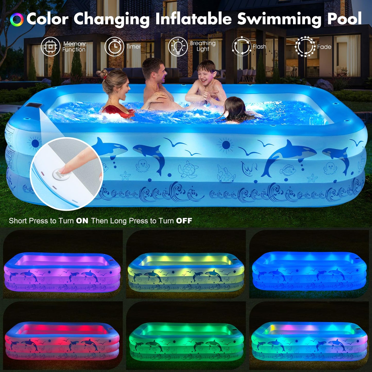 StarOcean Inflatable Pool with Lights,2024 Upgraded Family Inflatable Swimming Pool for Kids,Adults, BlowUp Pool Solar Powered,Large Kiddle Pool,106"x66"x26''Oversized Thickened Pool for Backyard-Blue