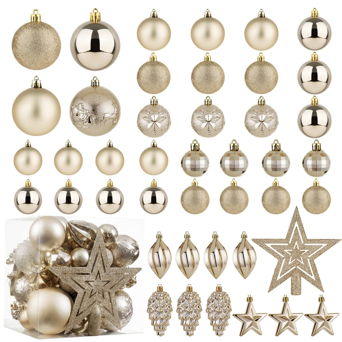 Christmas Ball Ornaments - 43pcs Shatterproof Christmas Tree Decorative Hanging Ornaments with Loop for Xmas Holiday Party Wreath Home Decoration, Champagne(Combo of 10 Ball and Shaped Styles)