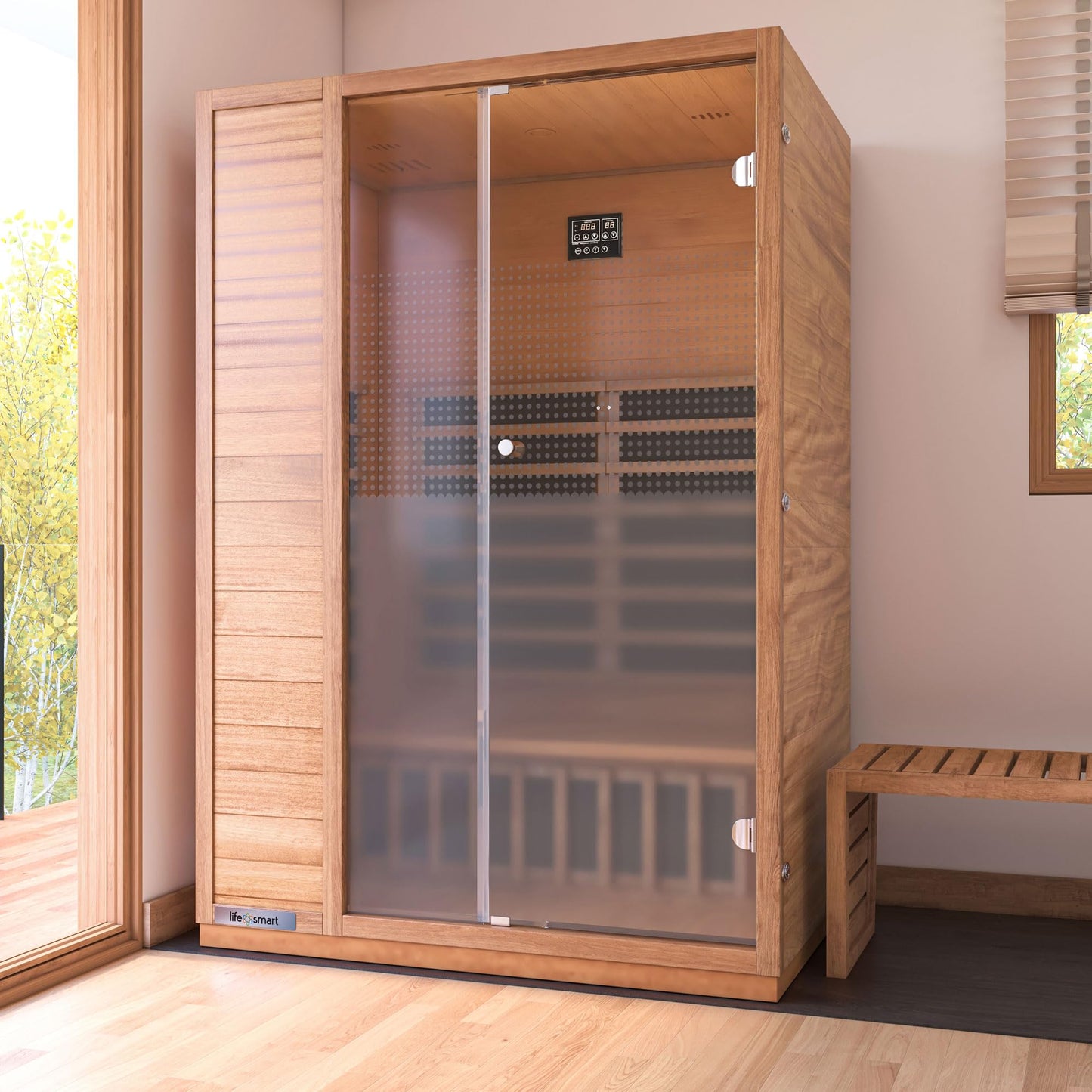 LIFE SMART Sahara 2 Person Infrared Home Sauna with 5 Heaters, Adjustable Temperature and Roof Vent, and Bluetooth, LSS-2, Natural Okoume Hemlock Wood