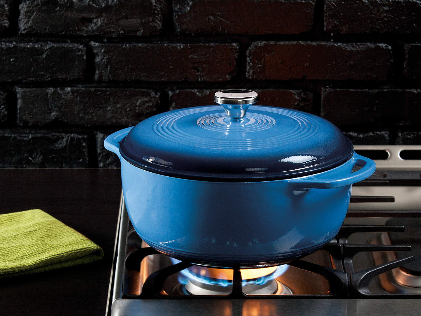 Lodge 6 Quart Enameled Cast Iron Dutch Oven with Lid – Dual Handles – Oven Safe up to 500° F or on Stovetop - Use to Marinate, Cook, Bake, Refrigerate and Serve – Blue