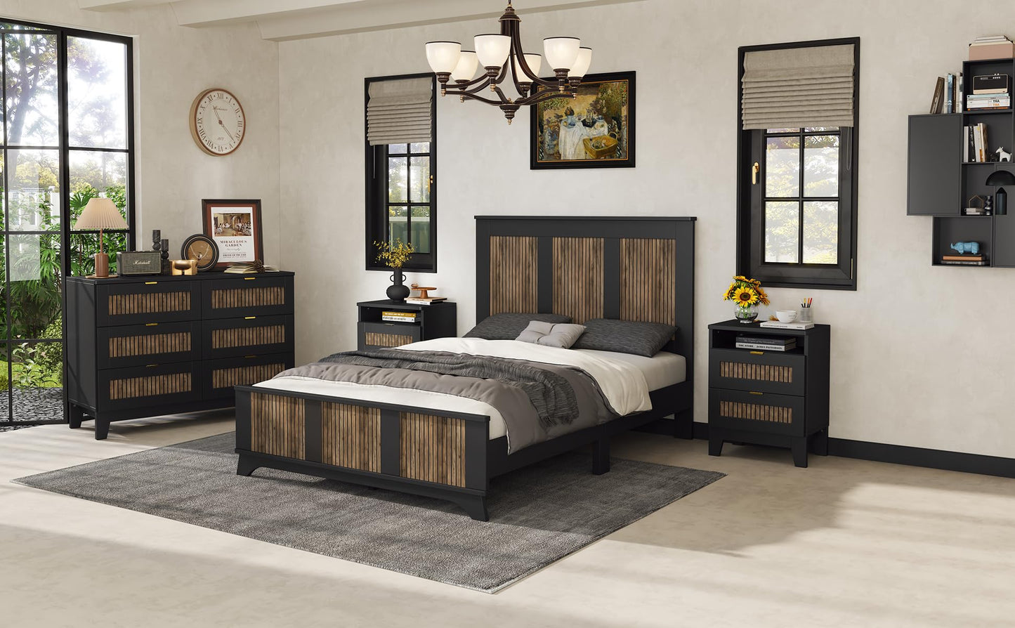 Harper & Bright Designs 4-Pieces Bedroom Sets, Full Size Platform Bed with 2 Nightstands and A 6-Drawer Dresser, Full Size Bedroom Set with Wooden Strip Decoration, Black