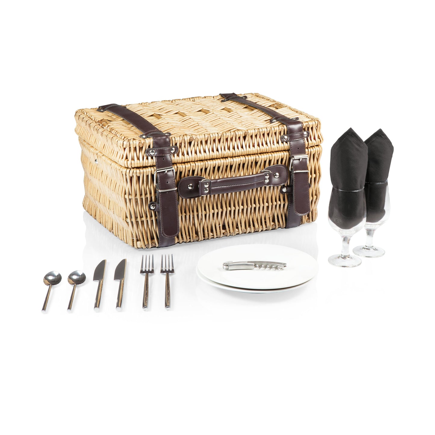 PICNIC TIME Champion Picnic Basket for 2, Large Wicker Hamper Set with Cutlery Service Kit (Black with Brown Accents)