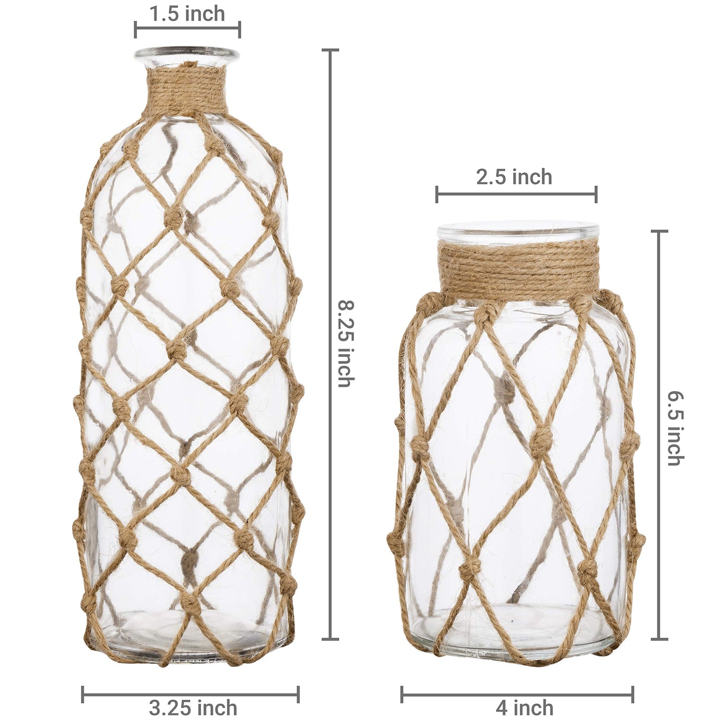 MyGift Coastal Style Decorative Glass Bottles with Rope Wrapping, Set of 2