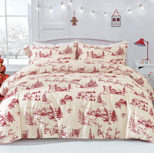 Yiran Red Christmas Duvet Cover Set with 2 Pillowcases,Cream Pink Christmas Deer Snowman Village Duvet Cover with Zipper Closure,Soft Microfiber Bedding Set Queen 90”×90”