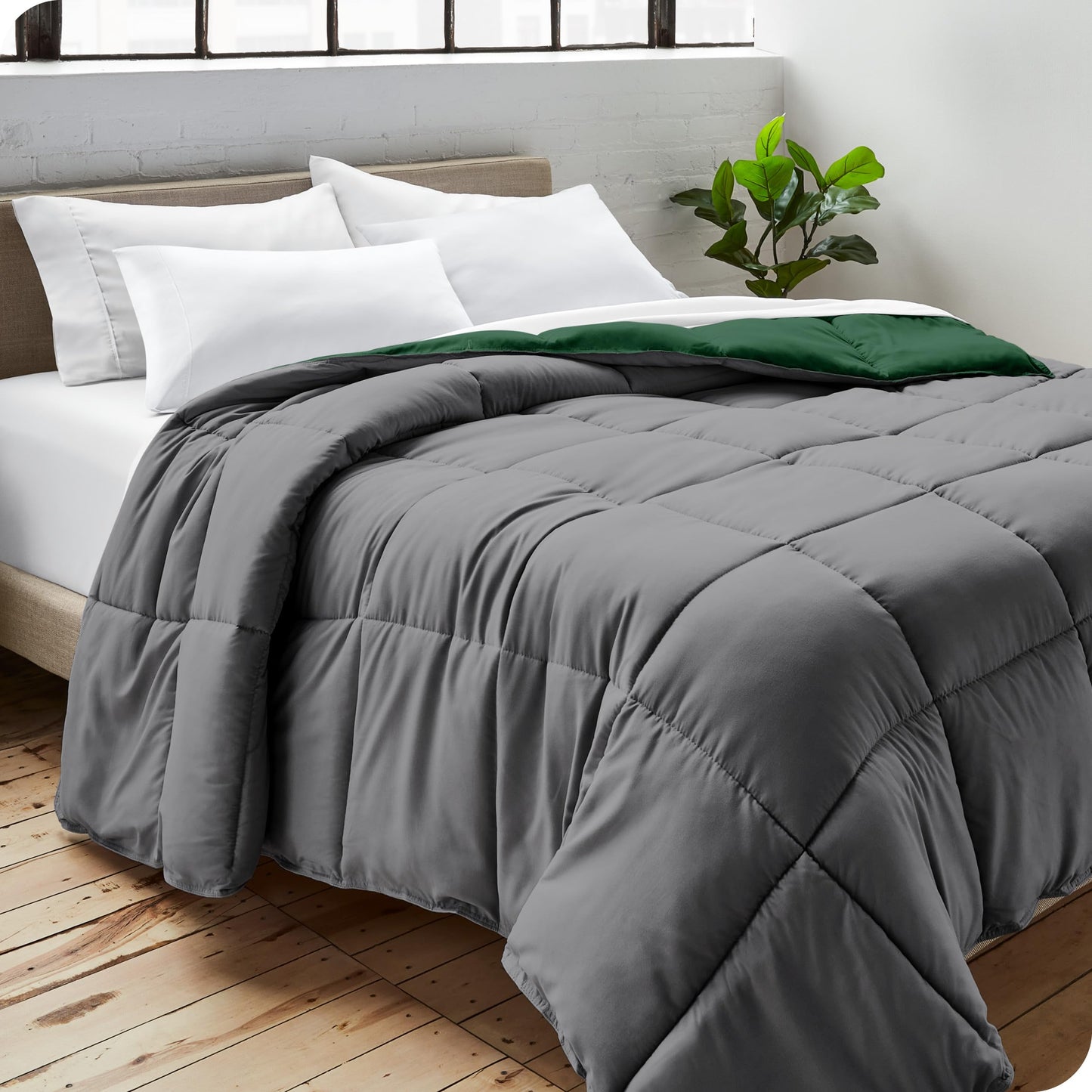 Bare Home Full Comforter - Reversible Colors - Goose Down Alternative - Ultra-Soft - Premium 1800 Series - All Season Warmth - Bedding Comforter (Full, Grey/Forest Green)