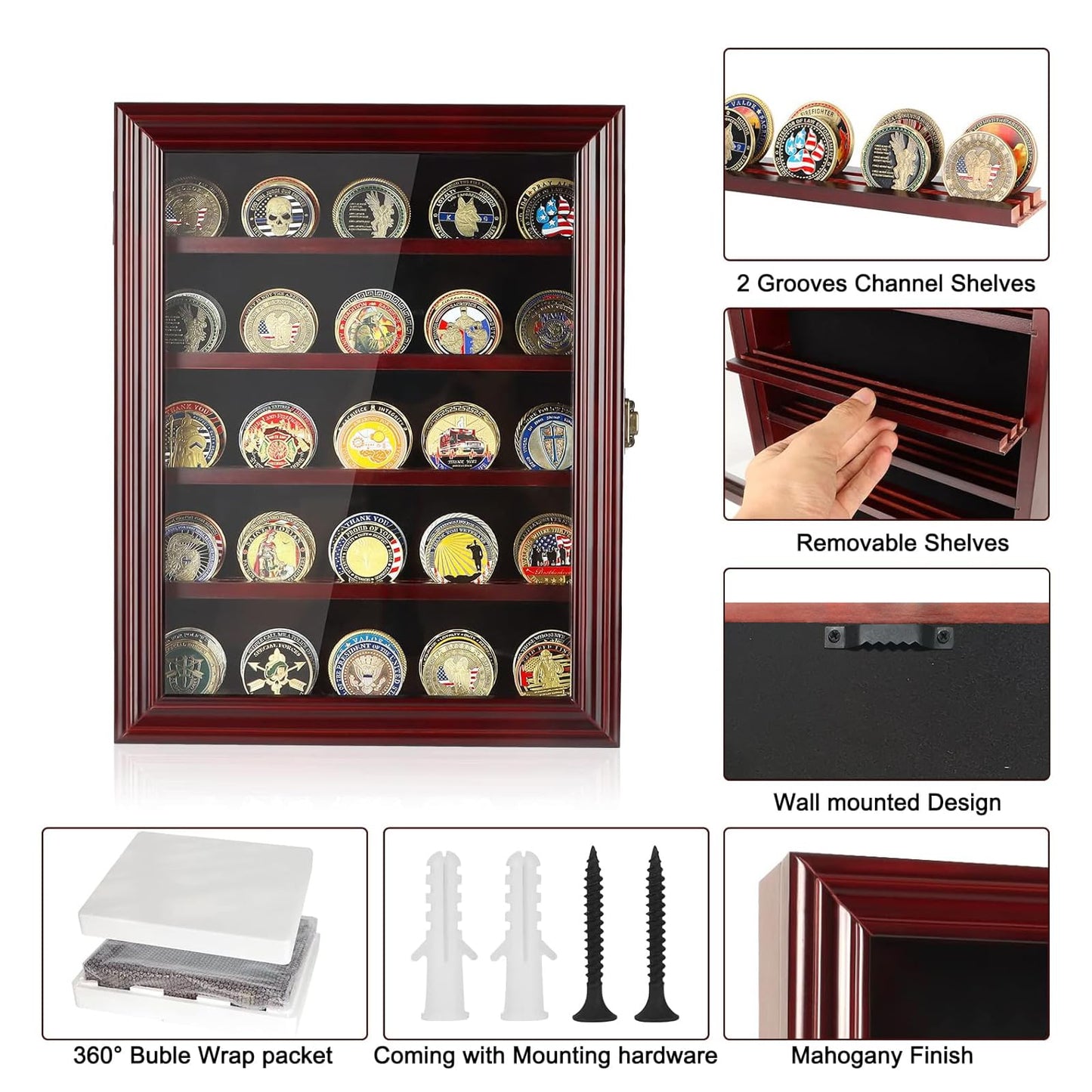 ASmileIndeep Military Challenge Coin Display Case Holder with HD Toughened Glass and Wall Mount, Wooden Coin Stand Rack with Removable 2 Grooves Shelves, Mahogany Finish…