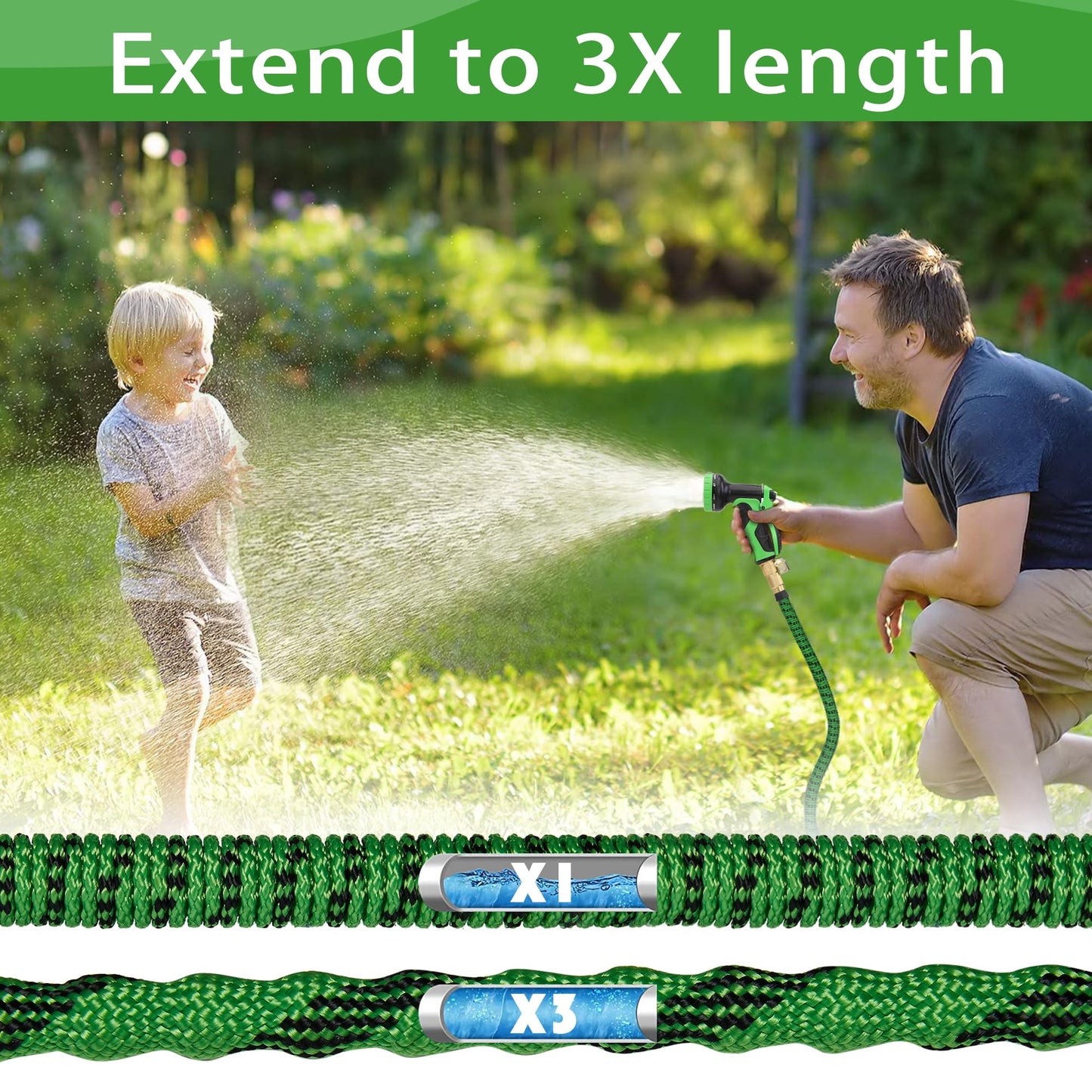 Expandable Garden Hose 100ft with 10 Function Spray Nozzle & Water Pipe with 3/4" Connectors,60 Layers Nano Rubber,No-Kink,Leak-Proof,Black