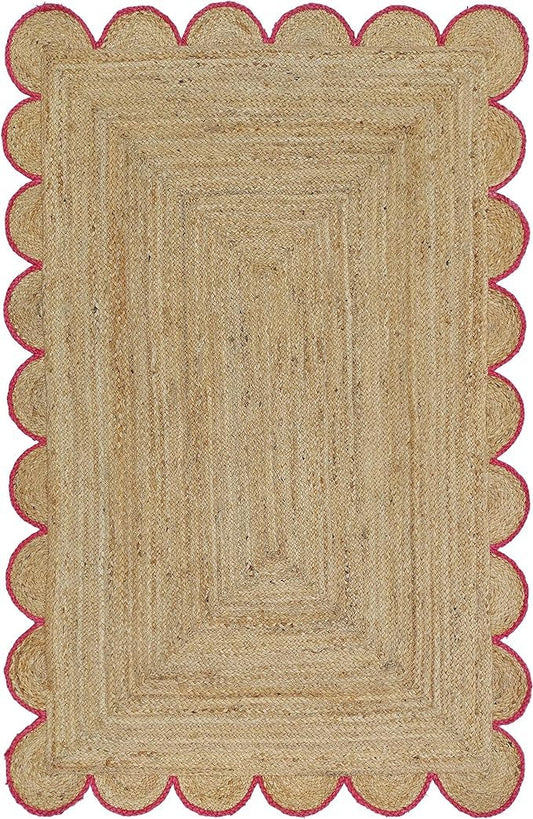 Handmade Natural Jute Area Rug Nonslip & Durable Scalloped Doormat Carpet for Home & Livingroom Decor (Pink, 5' x 8')
