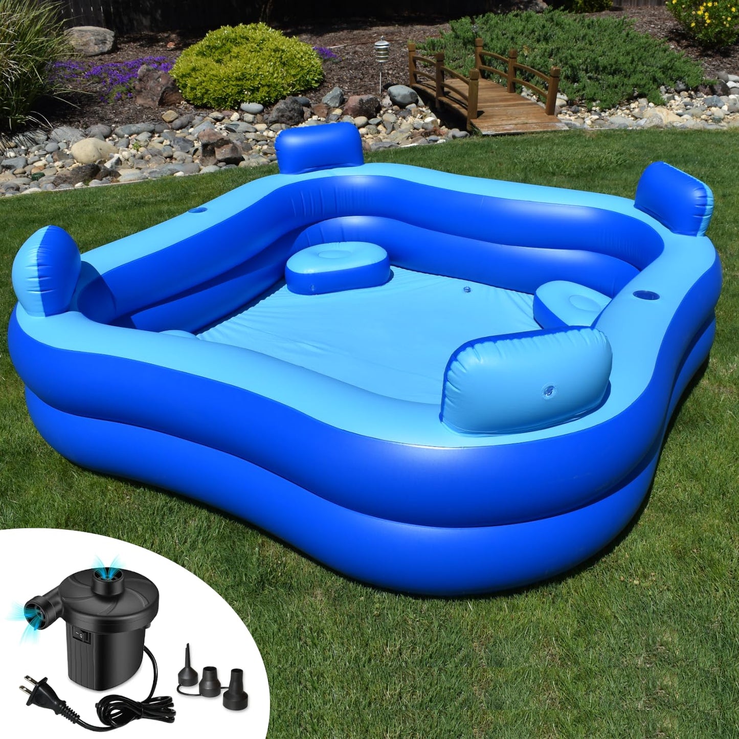 Rukala™ Inflatable Pool with Seats and Headrests 8' x 8' - Electric Pump Included - Extra Durable