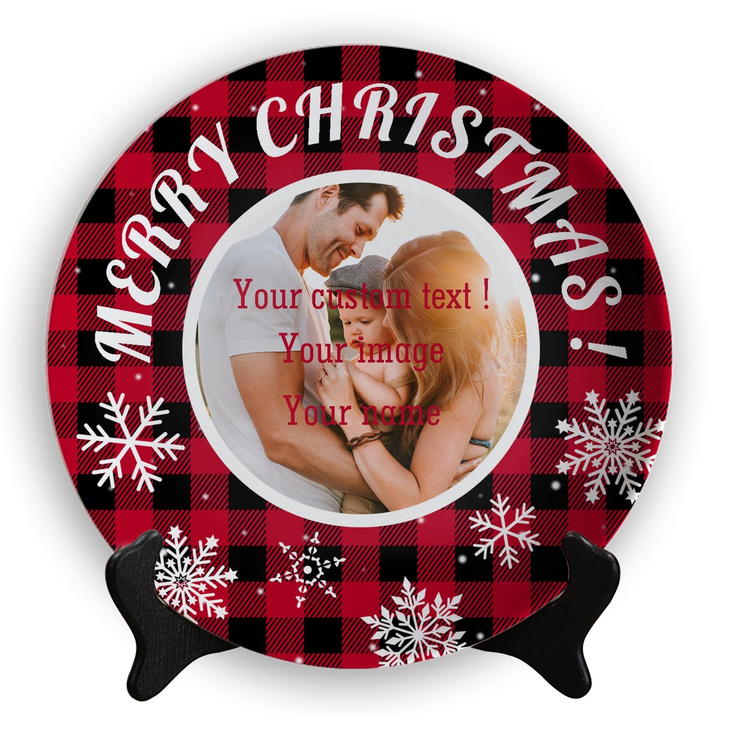 NIRVAFLORA Personalized Photo Ceramic Plate With Display Stand Customize Plaid Display Plate with Snowflake Custom Dinner Plate With Text Merry Christmas Gifts for Men Women Anniversary 6" 8" 10"