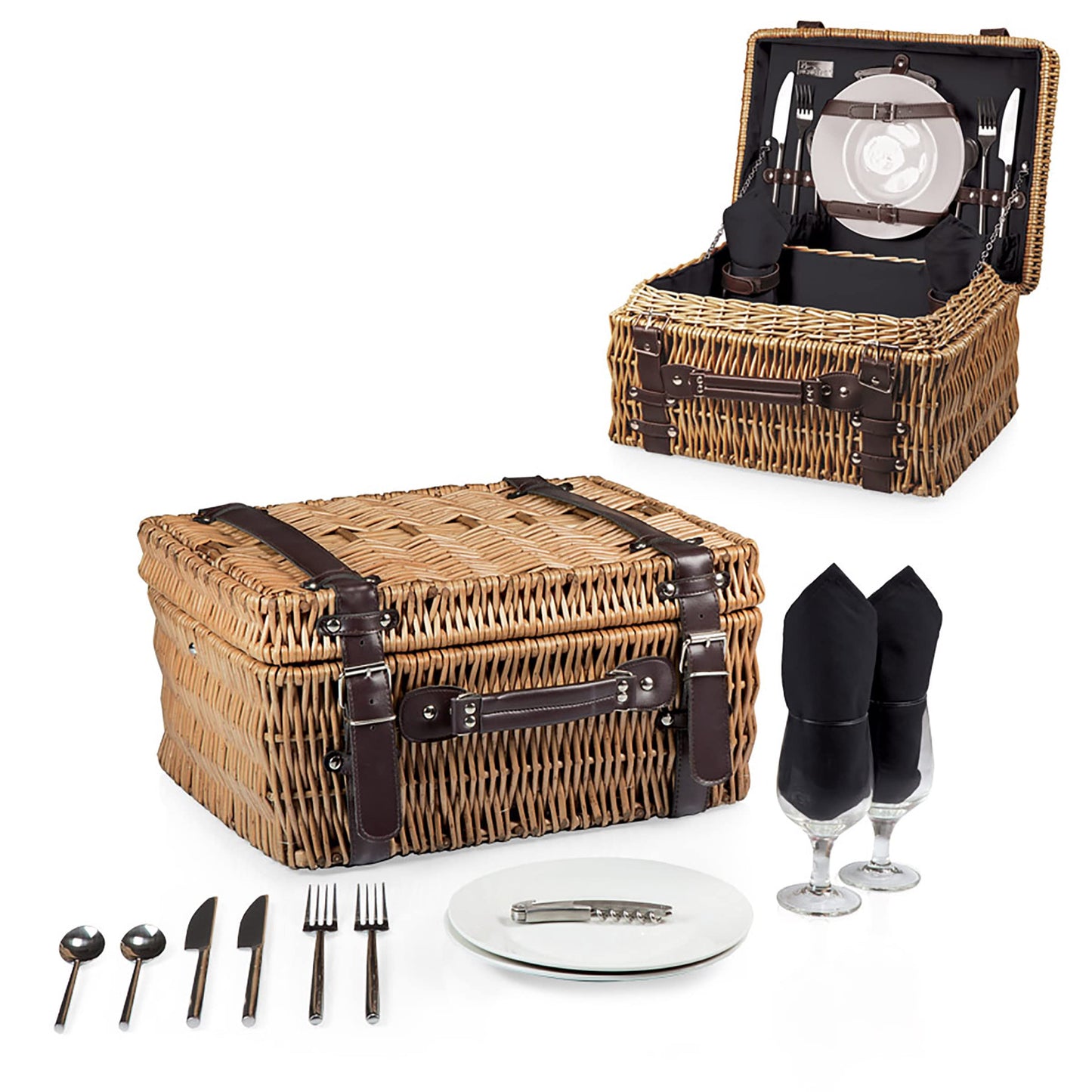 PICNIC TIME Champion Picnic Basket for 2, Large Wicker Hamper Set with Cutlery Service Kit (Black with Brown Accents)