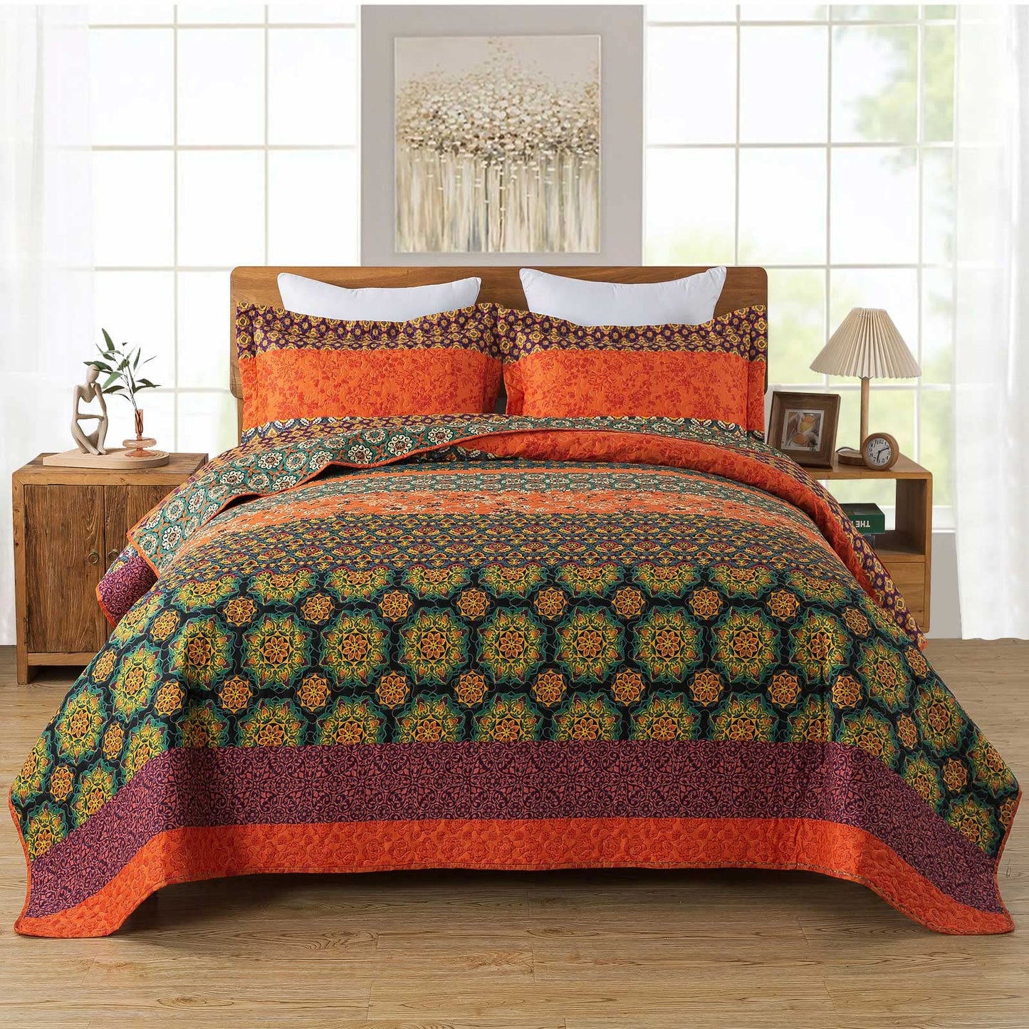 Travan Boho Stripe Quilt Sets Floral Printed Reversible Soft Bohemian Bedding Set with Shams for All Season, Orange Red Stripe, Queen Size