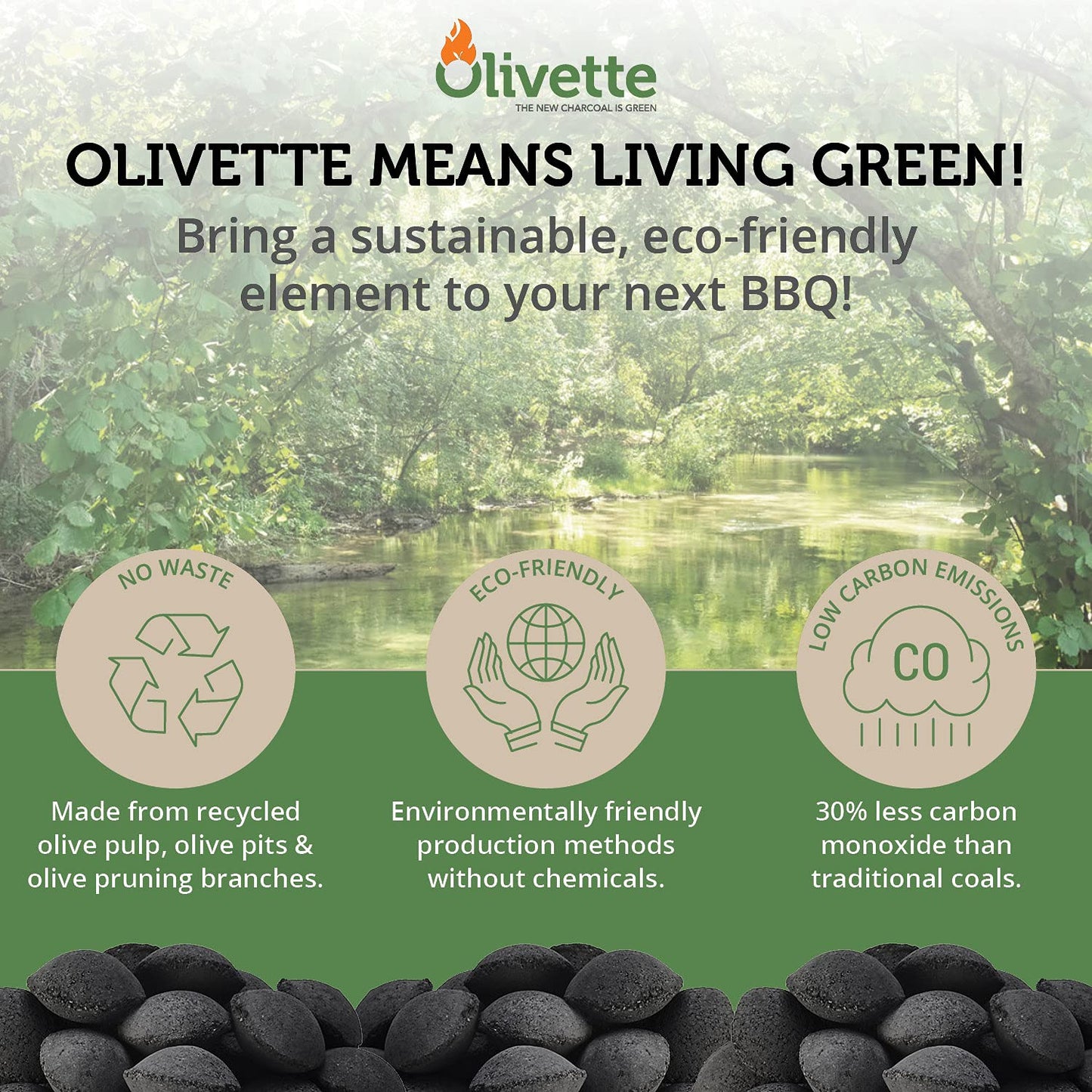 Organic Charcoal Briquettes by Olivette, Reusable Charcoal for Grilling, USDA Certified, Recycled Olive Tree Byproduct, Ready to Light BBQ Charcoal, 6.6 lb. Bag Equal to 20 lb. Regular Charcoal