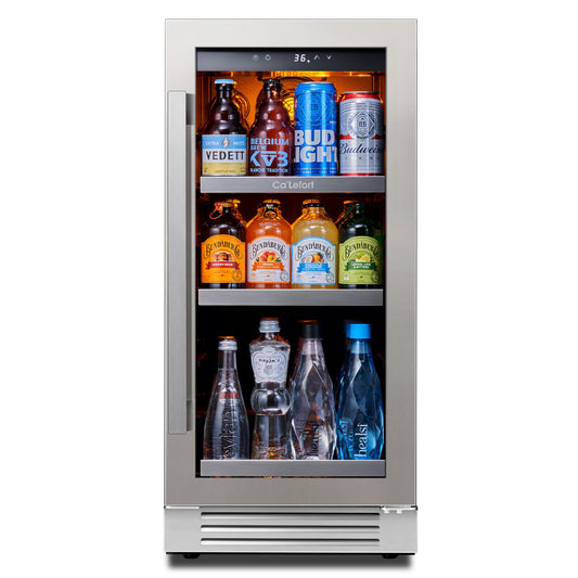 Ca'Lefort 15 Inch Beverage Refrigerator, 100 Can 34°F -54°F Beverage Cooler, Mini Fridge Glass Door for Soda Beer, 3 Color Light Drink Fridge Built in or Freestanding, Perfect for Home/Bar/Kitchen