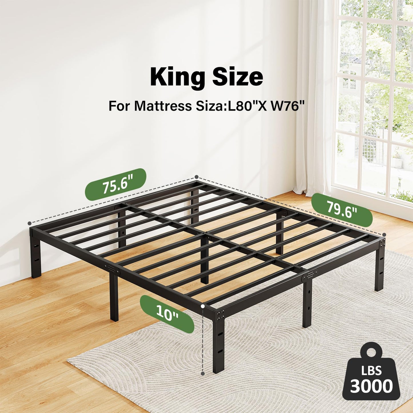 10 Inch King Size Bed Frame No Box Spring Needed Metal Platform King Bed Frame, Easy Assembly Heavy Duty Noise Free, Black