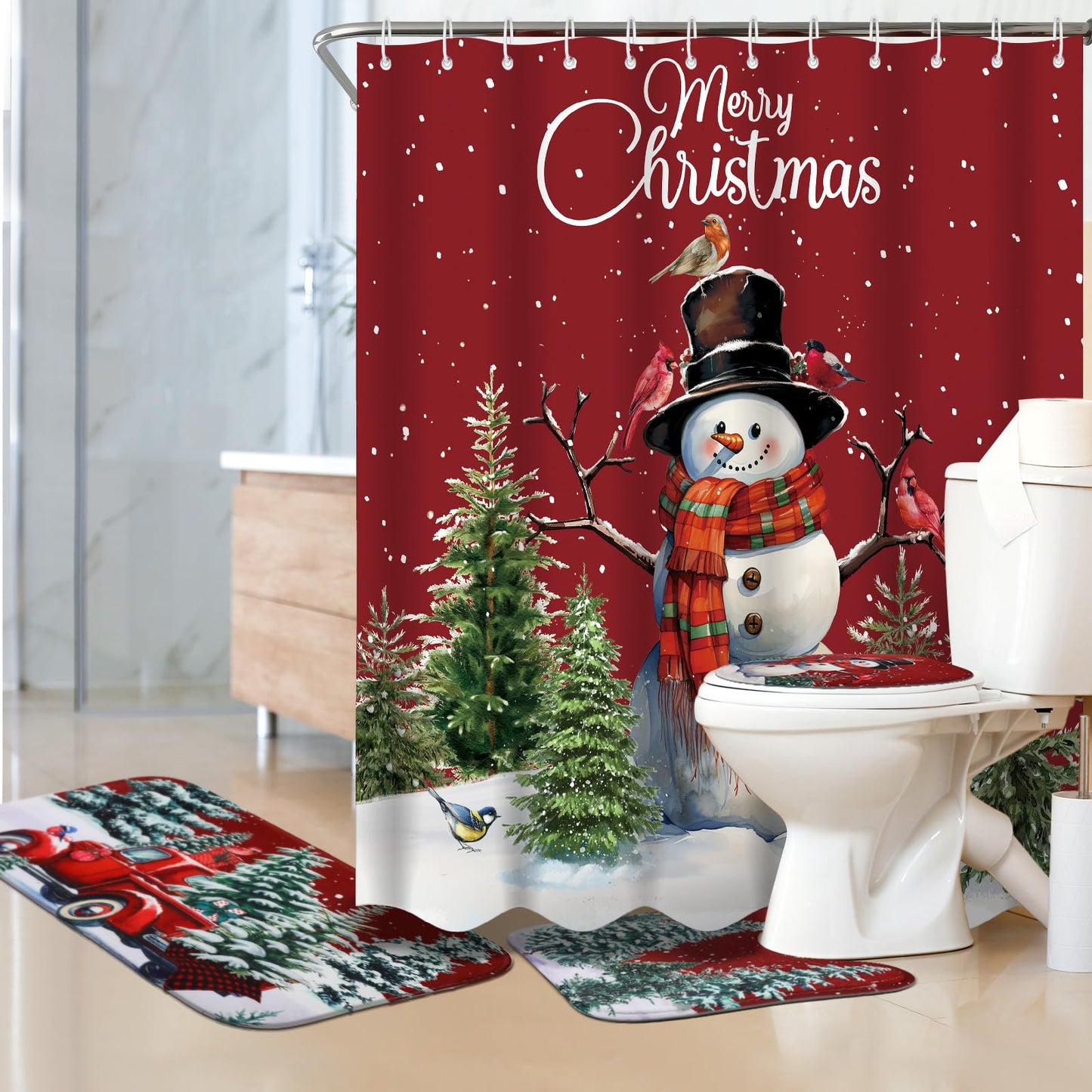 Teenyyou 4 Pcs Christmas Shower Curtains Set with Non Slip Rug Winter Christmas Bathroom Decor Toilet Lid Cover and Bath Mat Snowman Shower Curtain with 12 Hooks for Xmas Bathroom Decor(Red,Classic)