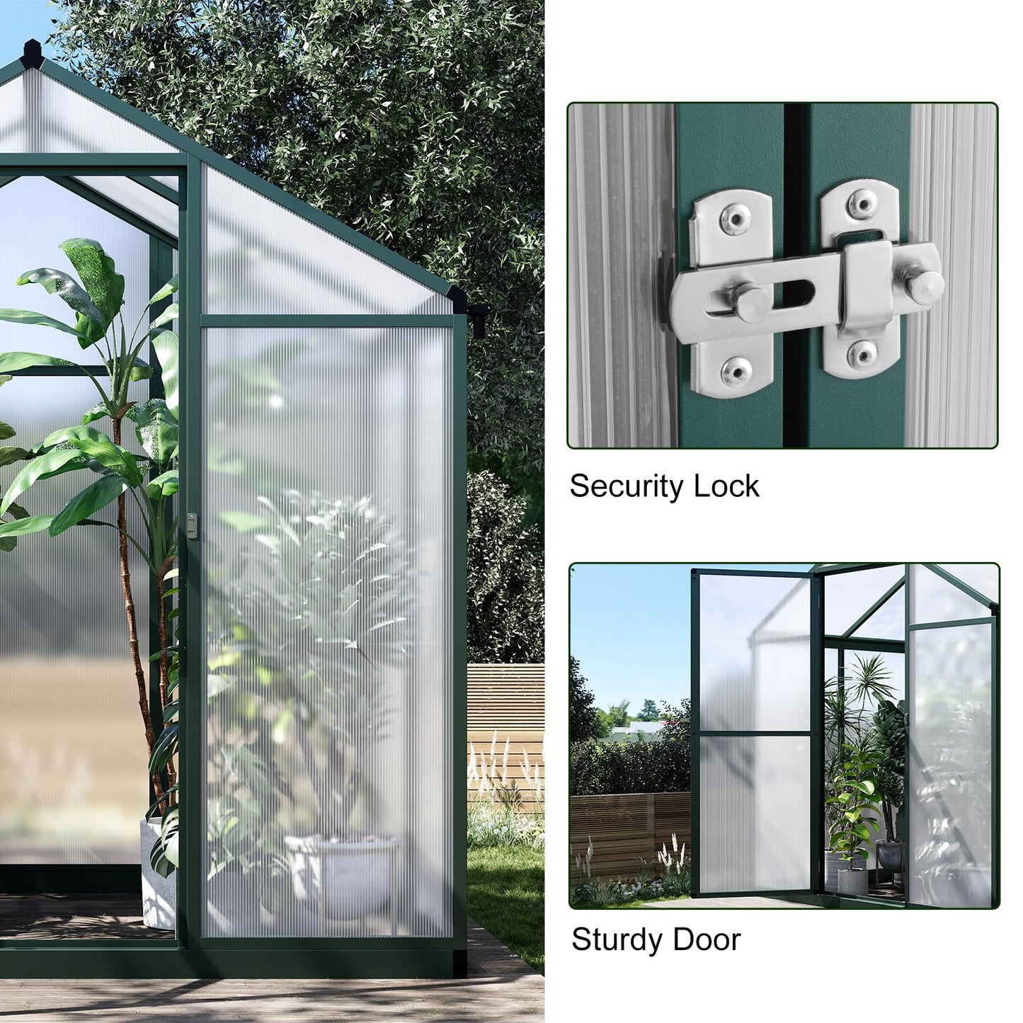 6x4 FT Greenhouse for Outdoors, Polycarbonate Greenhouse with Quick Setup Structure and Roof Vent, Aluminum Large Walk-in Greenhouse for Outside Garden Backyard, Green
