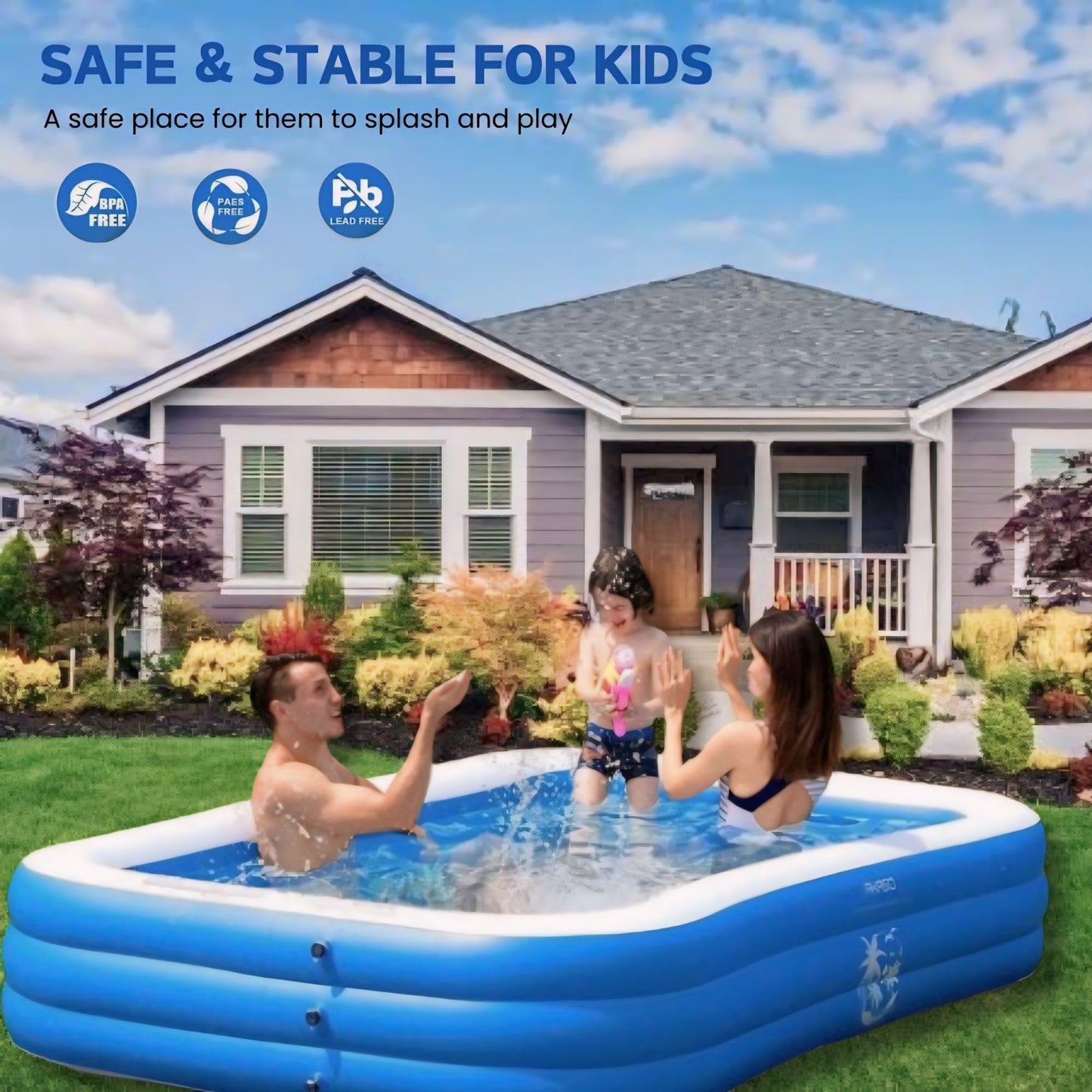 Berlin Direct Inflatable Pool 105"" x 65"" x 20"" - Electric Pump Included - Triple Chamber - Double Thick Material (8.75ft x 5.4ft x 1.7ft), Blue, RXZ12