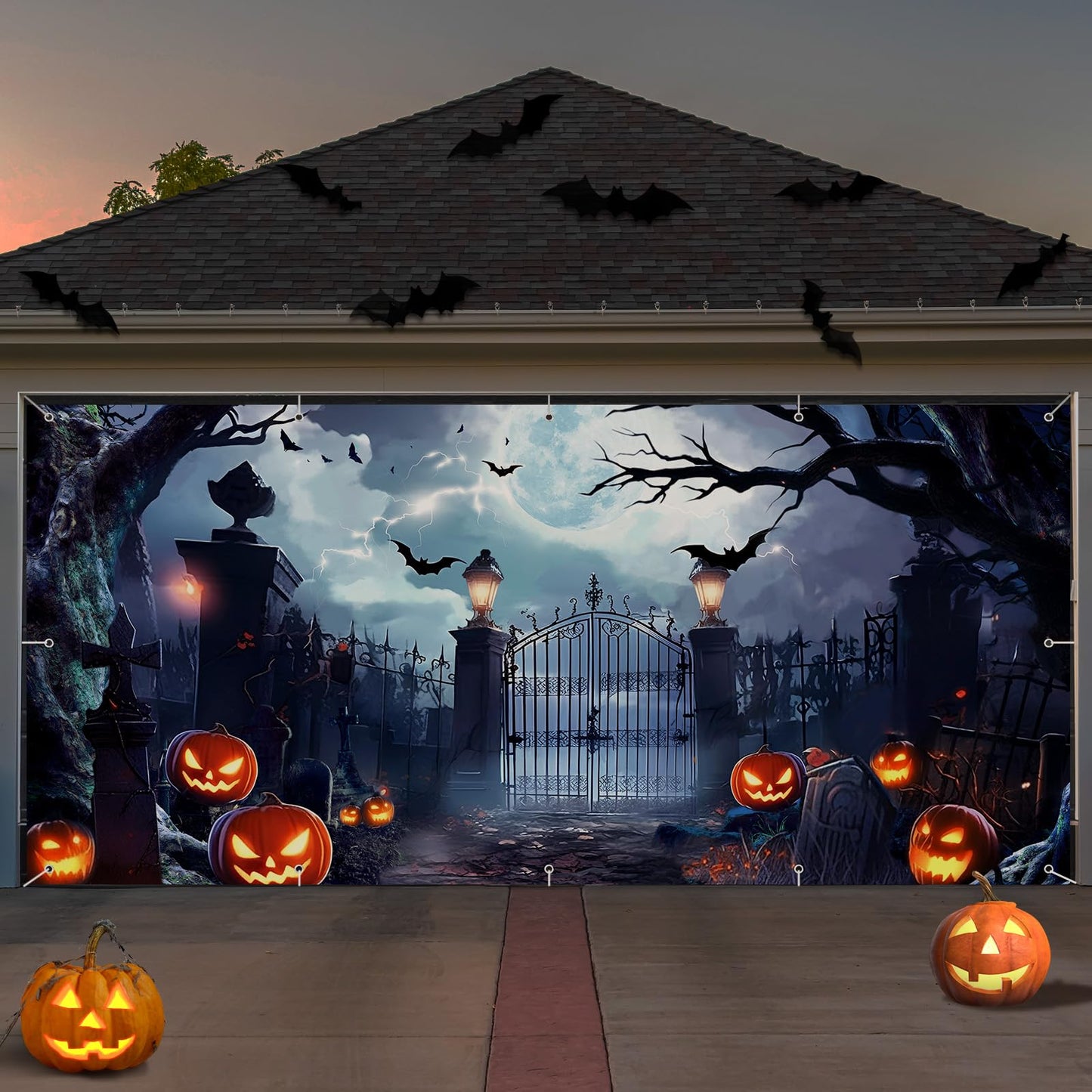 Preboun Halloween Garage Door Banner Large Hanging Backdrop Door Cover Halloween Garage Wall Decorations for Outdoor Holiday(6 x 13 ft)