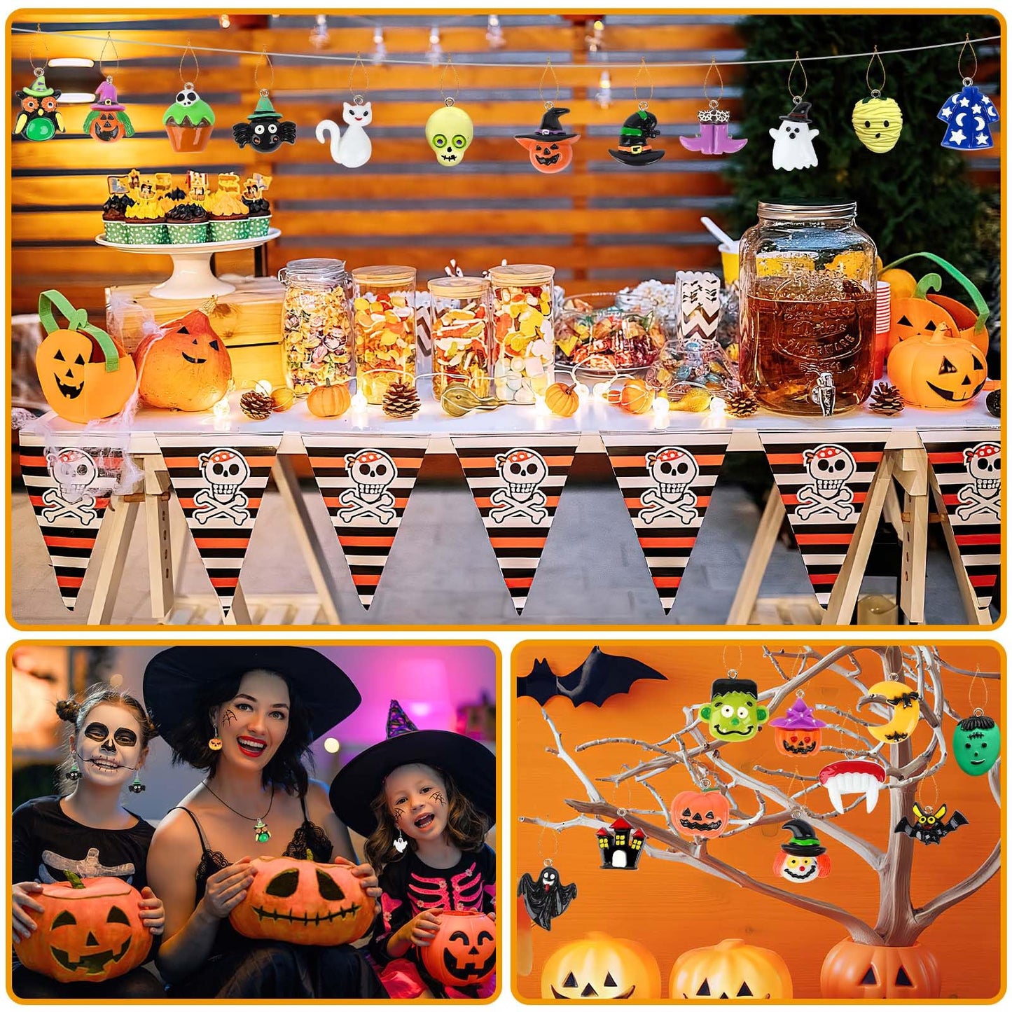 DTOFOOT 36PCS Mini Resin Halloween Ornaments Tiny Halloween Hanging Ornaments for Tree Halloween Miniatures Figurines Charms with String Resin Hanging Pendants for Halloween Party Decorations