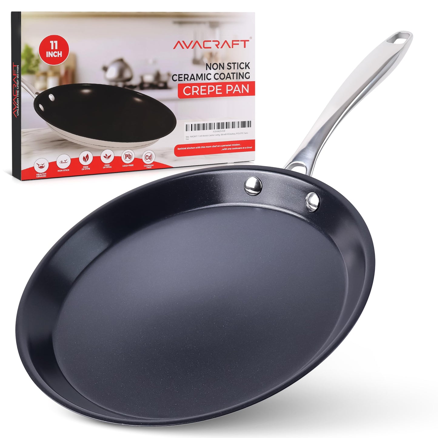 AVACRAFT 11 inch Nonstick Ceramic Coating Stainless Steel Crepe Pan, Tawa, Dosa Tortilla Pan, Compatible with All Stovetops, PFOA, PTFE Toxinx Free