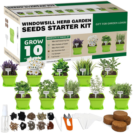 10 Herb Seeds Garden Starter Grow Kit with Green Pots, Markers, Nutritional Soil, Watering, Herb Clipper, Complete Indoor Potted Plant Growing Set for Kitchen DIY