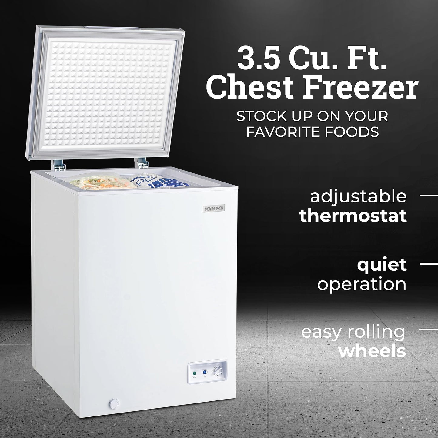 Igloo ICFXX35WH6AD Removable Basket and Front Defrost Water Drain Small Deep Freezer Perfect for Homes, 3.5 Cu. Ft, White Chest