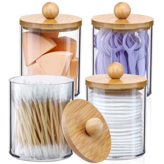 4 Pack Qtip Holder Dispenser with Bamboo Lids - 10 oz Clear Plastic Apothecary Jar Containers for Vanity Makeup Organizer Storage - Bathroom Accessories Set for Cotton Swab, Ball, Pads, Floss