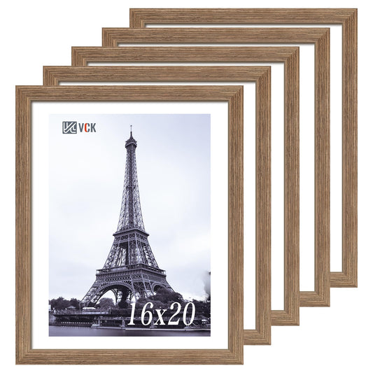 VCK 16x20 Picture Frames for Wall 5 Pack, Brown Walnut Wood Poster Frame, Exclusive Wood Grain, Wall Mounting Hanging