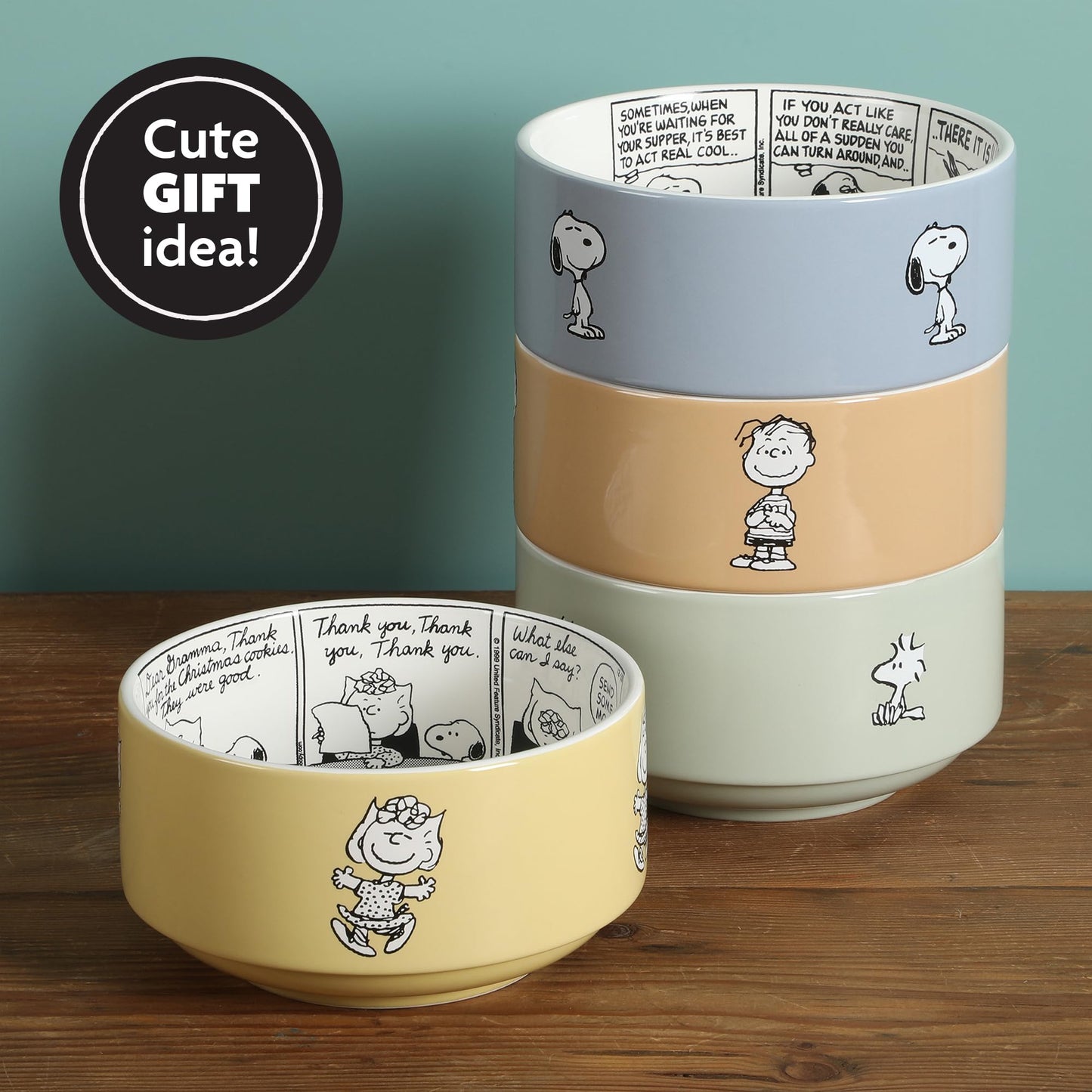 Peanuts Snoopy Bonbon Bites 4 Piece 5.5" Decorated Stoneware Ceramic Stackable Bowl Set