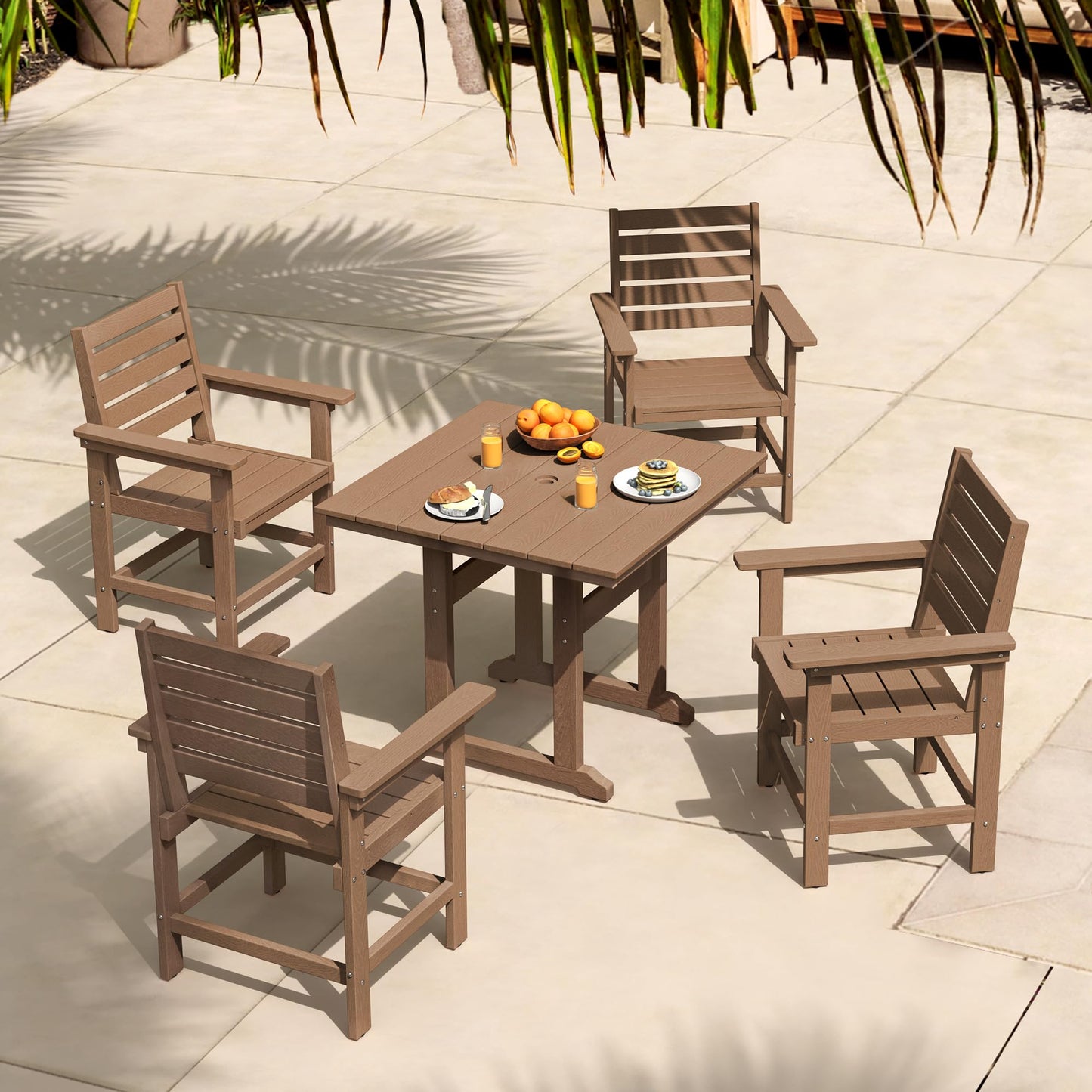 Homenjoy Patio Table and Chairs Set 5 Pieces, HDPE Weather Resistant Outdoor Dining Set with Umbrell Hole, Square Outdoor Dining Table with 4 Patio Chairs, Patio Dining Set for Balcony, Light Brown