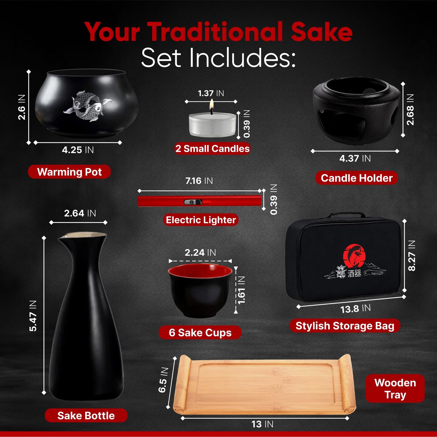 Japanese Sake Set with Warmer | 11 pc | 6 sake cups only | non electric sake warmer | sake bottle | candles | lighter | bamboo sake flight tray for sake cup set | bomb gift kit for chinese sake set