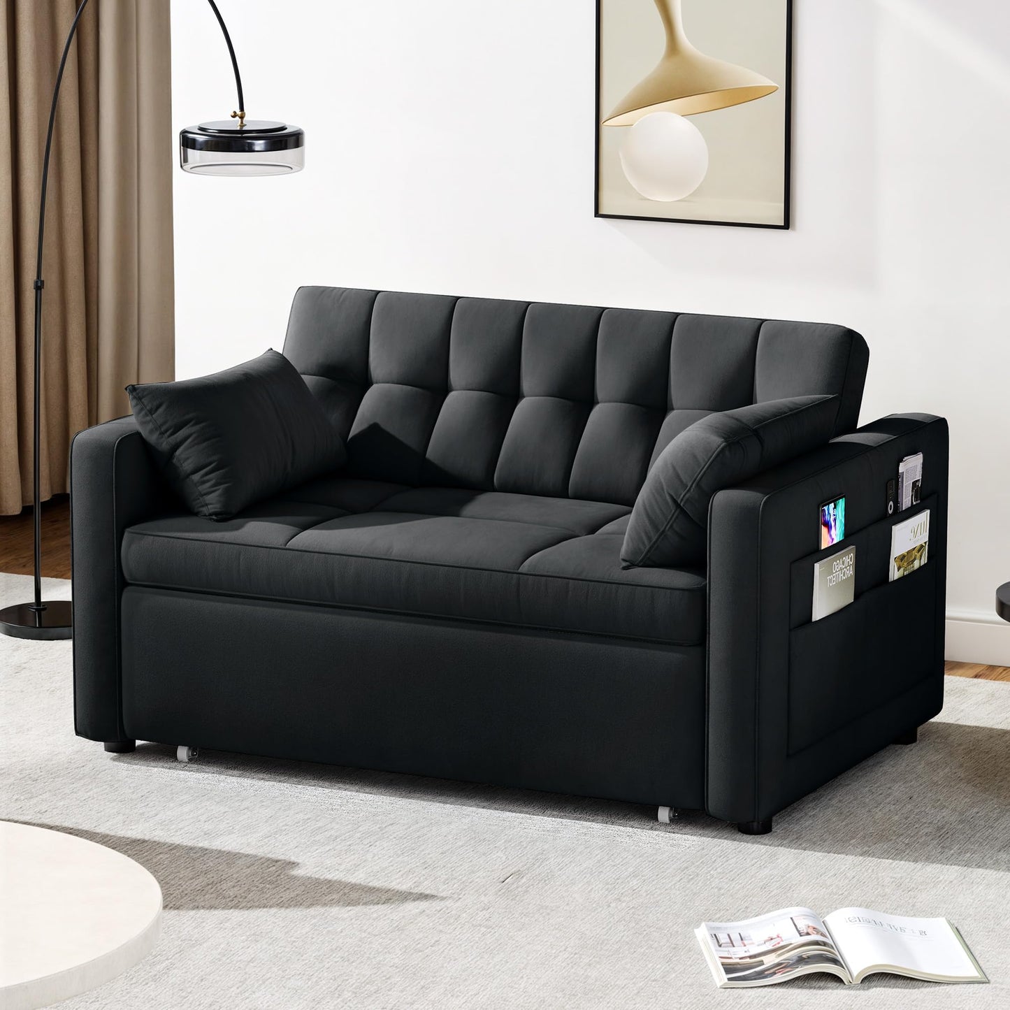 DWVO 55" Convertible Sofa Bed, 3-in-1 Sleeper Sofa with Pull-Out Bed, Velvet Futon Couch with Adjustable Backrest and Side Pocket, Modern Loveseat for Living Room Apartment, Black